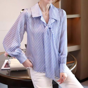 ストライプボウタイブラウス　ボリューム袖リボン　G0319