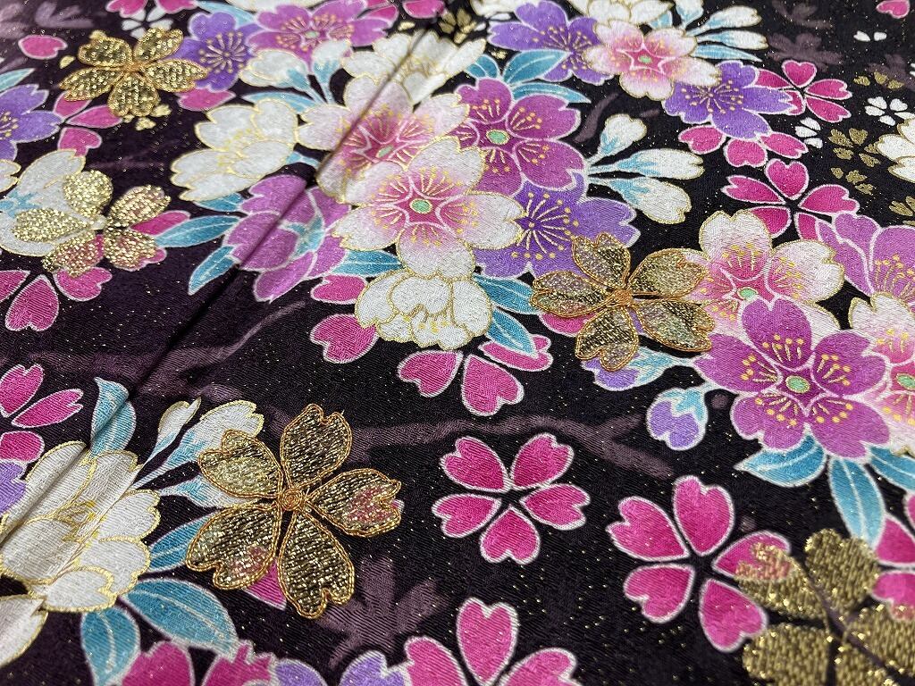 京友禅 3点セット 金通し 金駒刺繍 振袖 袋帯 襦袢 花柄 正絹 黒 白 ピンク 035