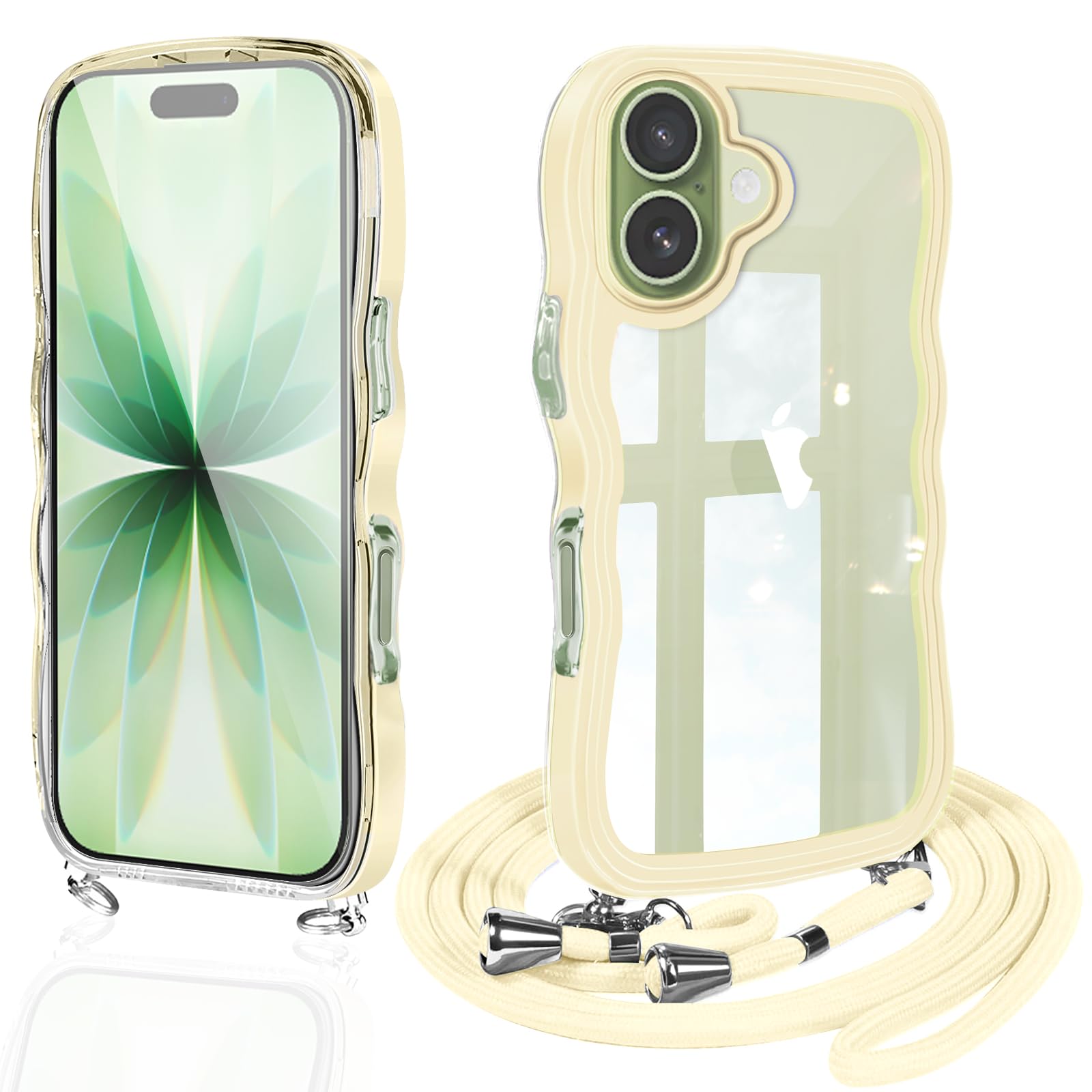 Guokaien iPhone 17 用の ケース クリア ショルダー いphone17 スマホケース カバー アイフォン17 透明 TPU ストラップ付き 肩掛け 首掛け 紐付き 斜めがけ 創意 個性 可愛い かわいい 韓国 耐衝撃(イエロー)