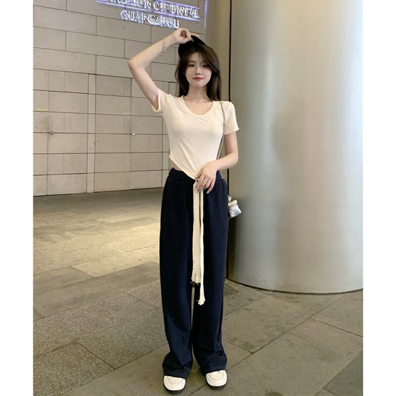 ブルーパンツ サマーハイウェストウェストカジュアルルーズ薄手ギャザーストラップ 夏物 1号婦人2652669625