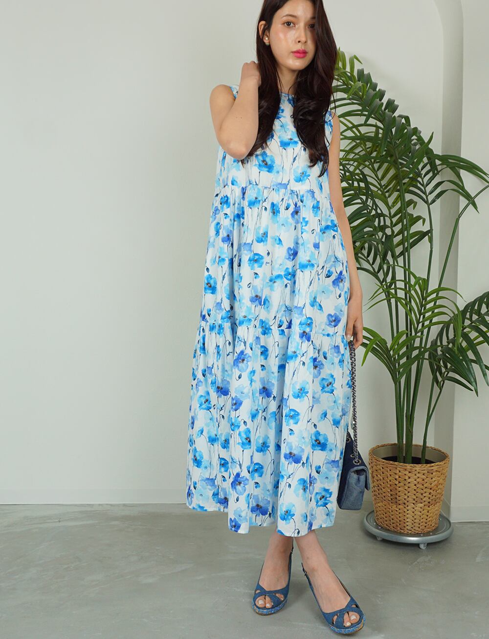 フラワーコットンティアードワンピース blue×white | amin pur