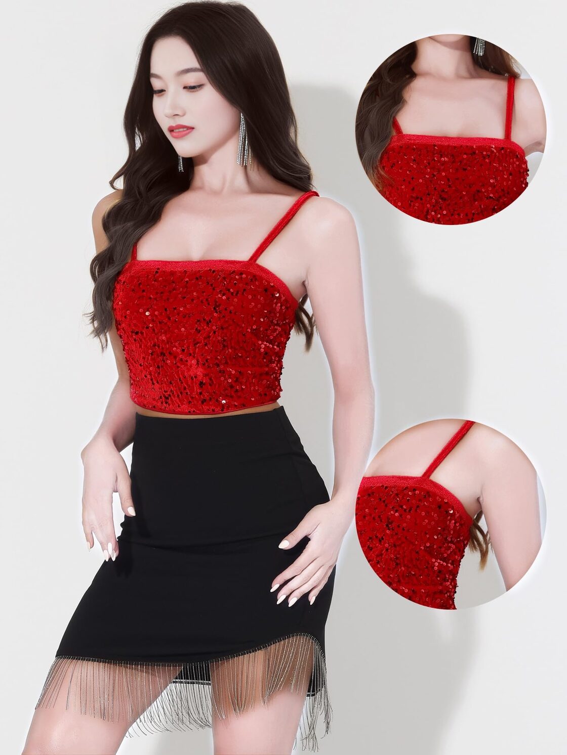 Allegra K] クロップキャミトップ キャミソール ベルベット グリッター 