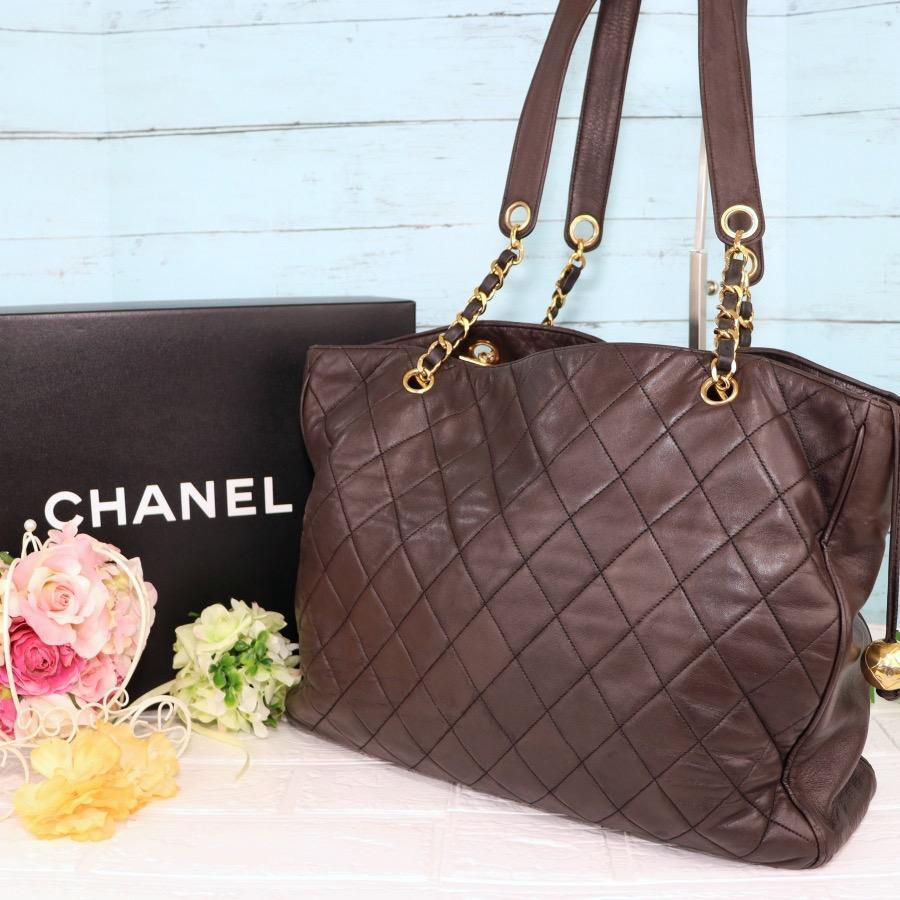 CHANEL ラムスキントートバッグ 茶色 チェーンショルダー CHANEL ラムスキントートバッグ 茶色 チェーンショルダー