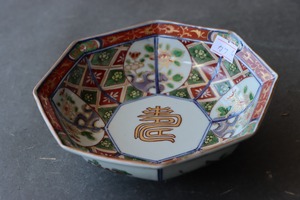 カケ 大聖寺伊万里 色絵 花菱壽文 八角形 膾皿 C アウトレット