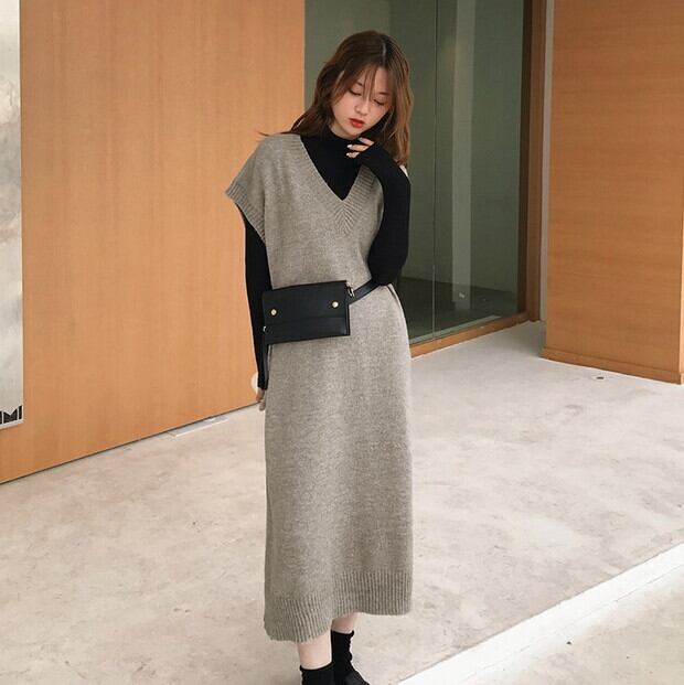 冬新作 レディース ワンピース ロング ワンピース 冬 ニットワンピース ニットワンピ ロングワンピース ミモレ丈 ワンピース ロングベスト レディース Vネック ワンピース フレンチスリーブワンピース Iラインワンピース スリット ワンピース 体型カバー ゆったり 3色