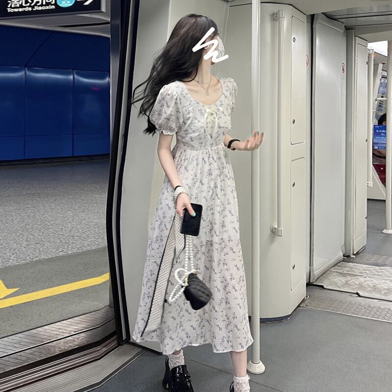 フローラルドレス サマースリーブロングスカート 大人ガーリー スウィート キュート カジュアル 夏物 花柄 試着室12479176056