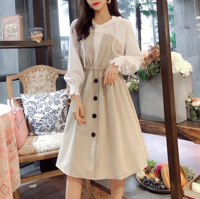 夏新作 ワンピース 2色 ドッキングワンピース バイカラーワンピ バイカラー ワンピース 配色切り替え ワンピース ウエストマーク ワンピ 前ボタン ワンピース フード付き ワンピース 長袖ワンピース 膝下ワンピース トレンチ風ワンピース 体型カバー ゆったり P68