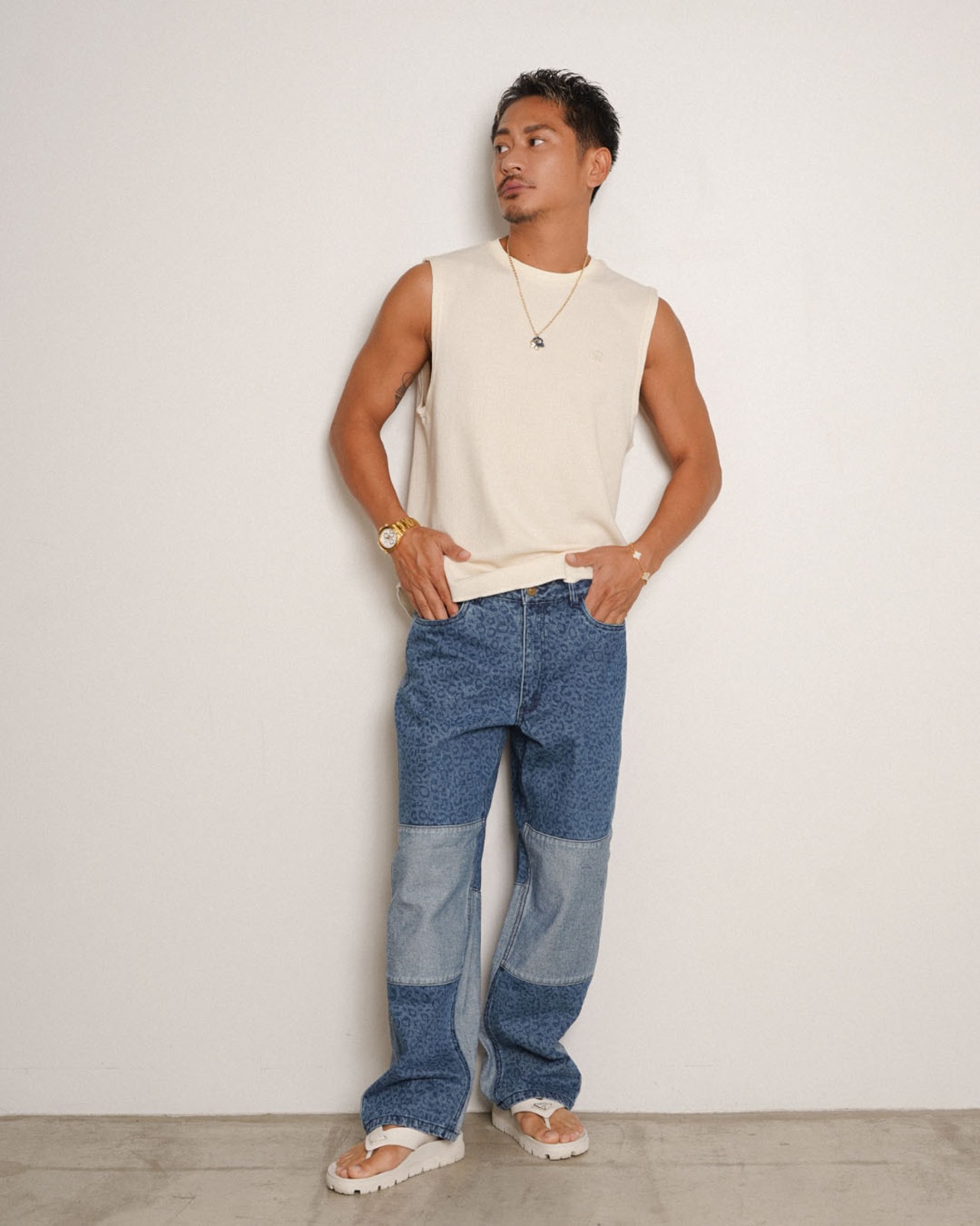 【#Re:room】LEOPARD PANELED WIDE DENIM PANTS［REP323］