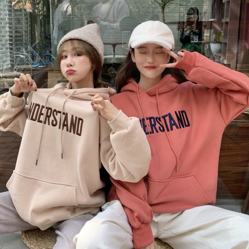 フードベルベットセーター レディースルーズシャツ レッド 刺繍 YY-ファッション42851238639