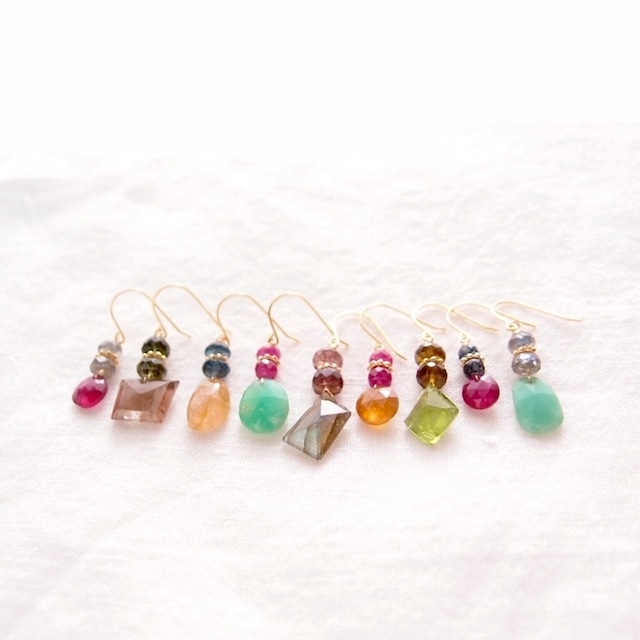 【K14gf】Ruby × Smoky Quartz  Earrings／ルビー×スモーキークォーツ ピアス