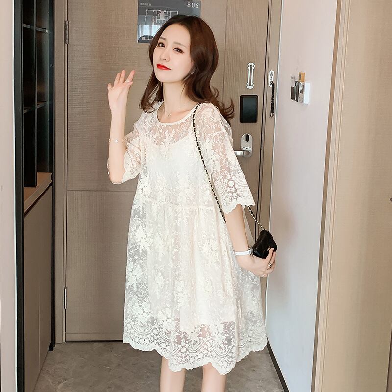 【新作】【送料無料】 マタニティウェア2020夏の新しいレース刺繍ルーズドレススタイルミドル丈ファッション妊婦2ピース-アリババ レッド サマー 夏物 expec275018890305