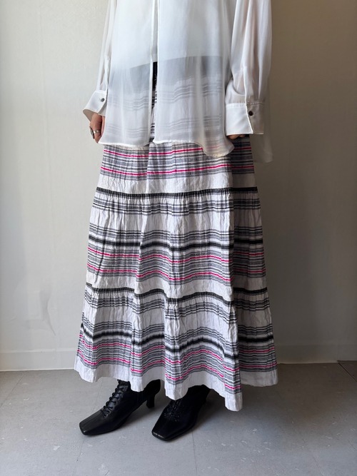 モン族スカート 063 ロング モンチン 白黒生地ピンクライン bamiオリジナルパターン