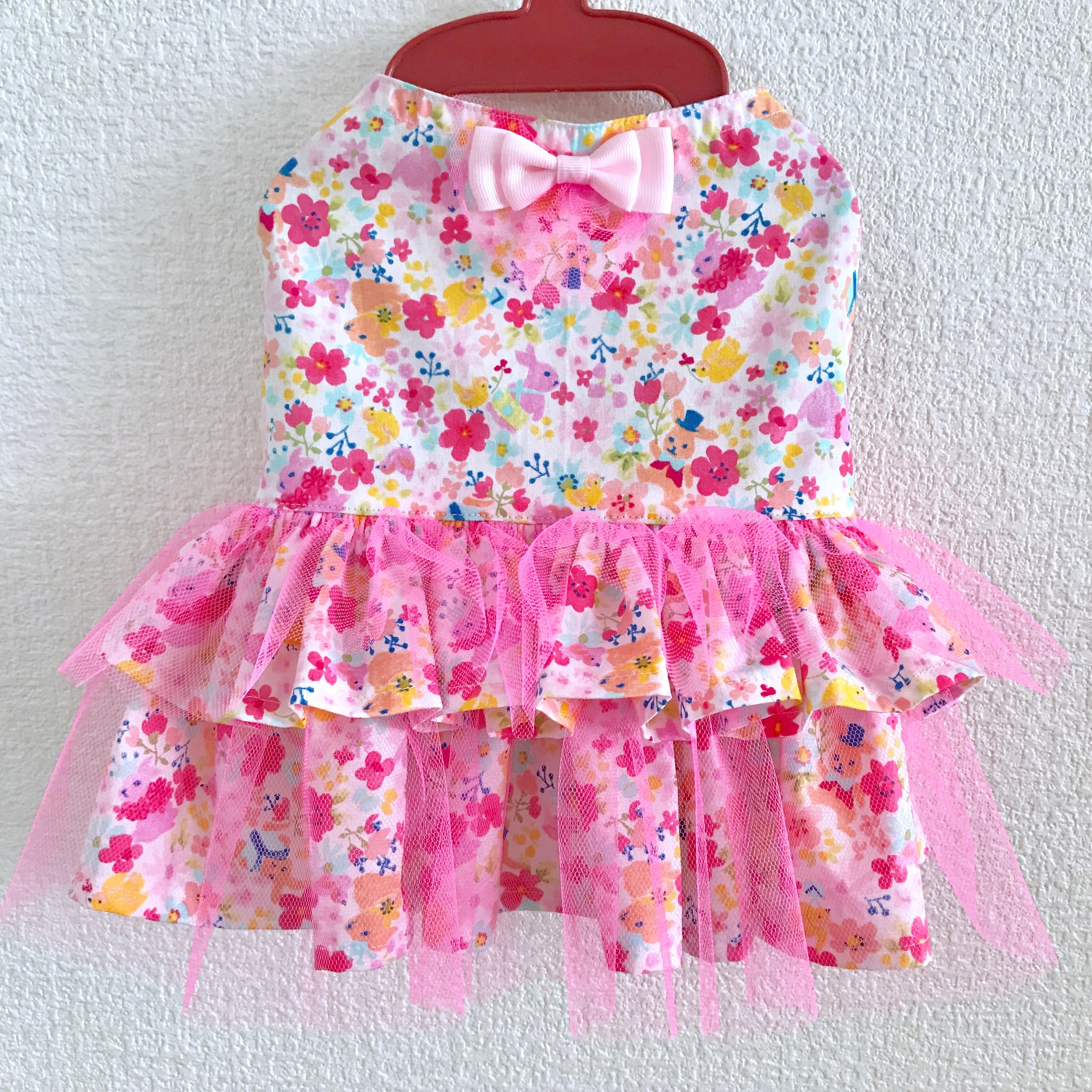 犬服 3号 ワンピース うさぎ柄 ゆめかわ チュール ピンク Tony Dog Zakka ハンドメイド犬服と雑貨のお店
