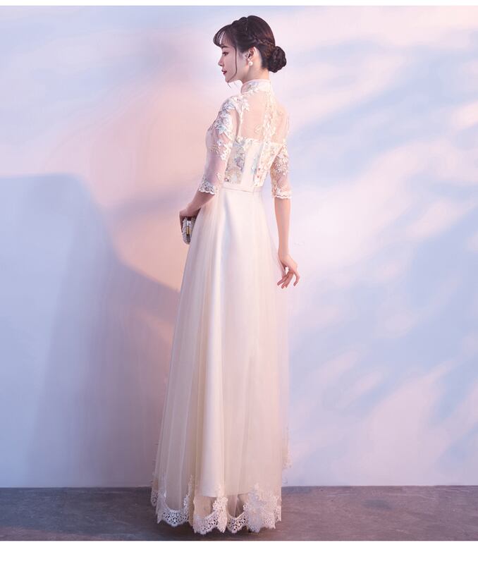 チャイナドレス ワンピース 1011 エレガント パーティードレス レディース ロング丈 七分袖 二次会 刺繍 結婚式 膝丈 高価値 レディース