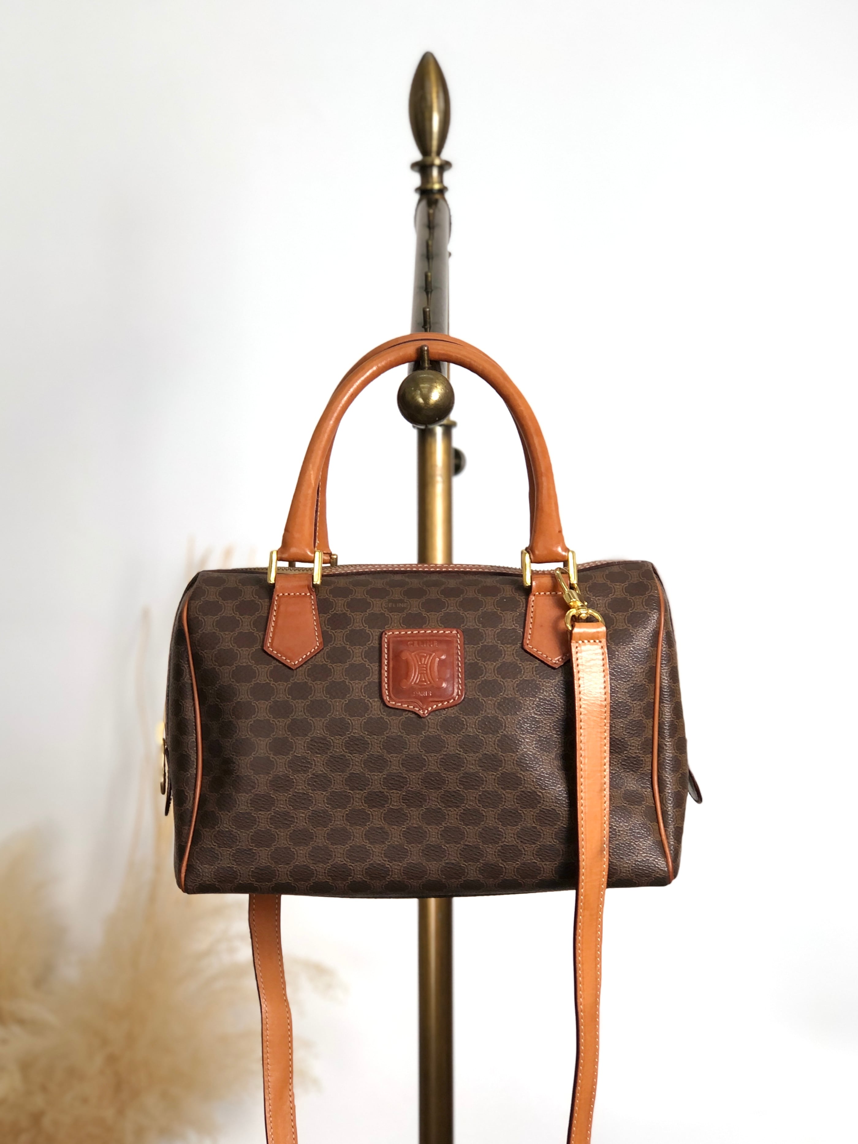 CELINE セリーヌ マカダム ショルダーバッグ ブラウン ブラゾン型押し PVC レザー ミニボストン 2way vintage ヴィンテージ オールド mxkp72