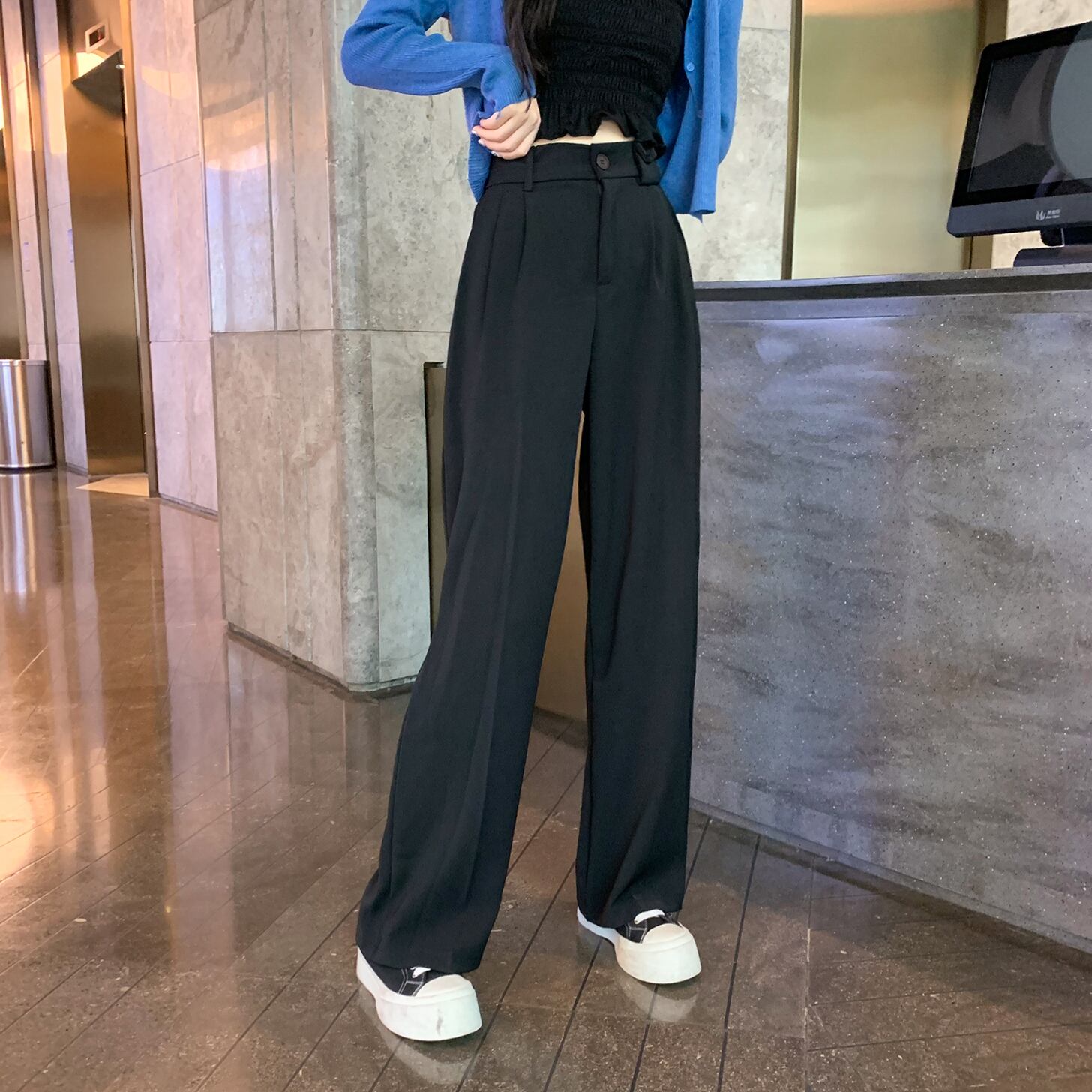 サマースタイルハイウェストウェストカジュアルパンツ レディースルーズブラック 夏物 6Du_Shop_Women14403843158