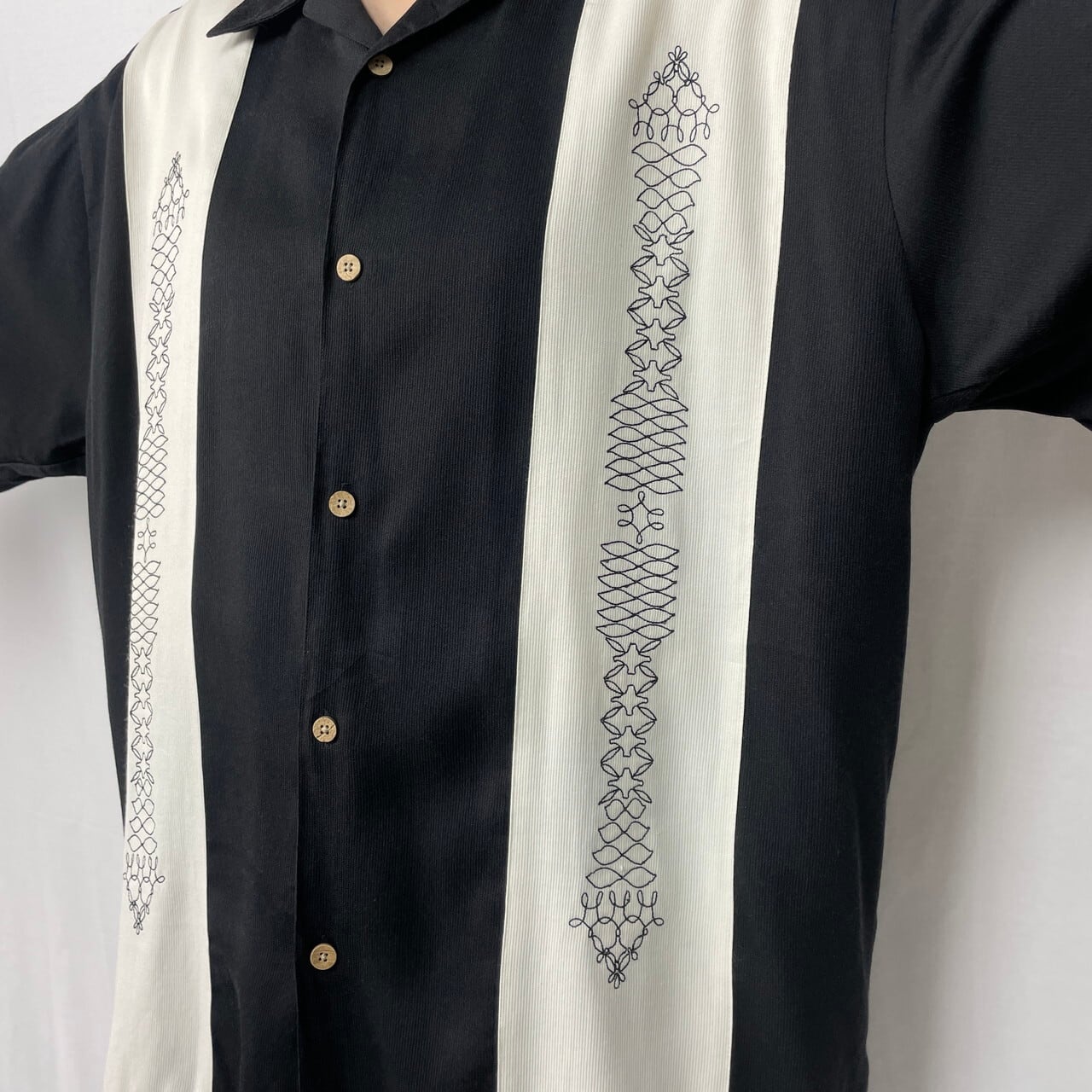 GEORGE 2トーン 切替 開襟シャツ 刺繍 レーヨン オープンカラーシャツ