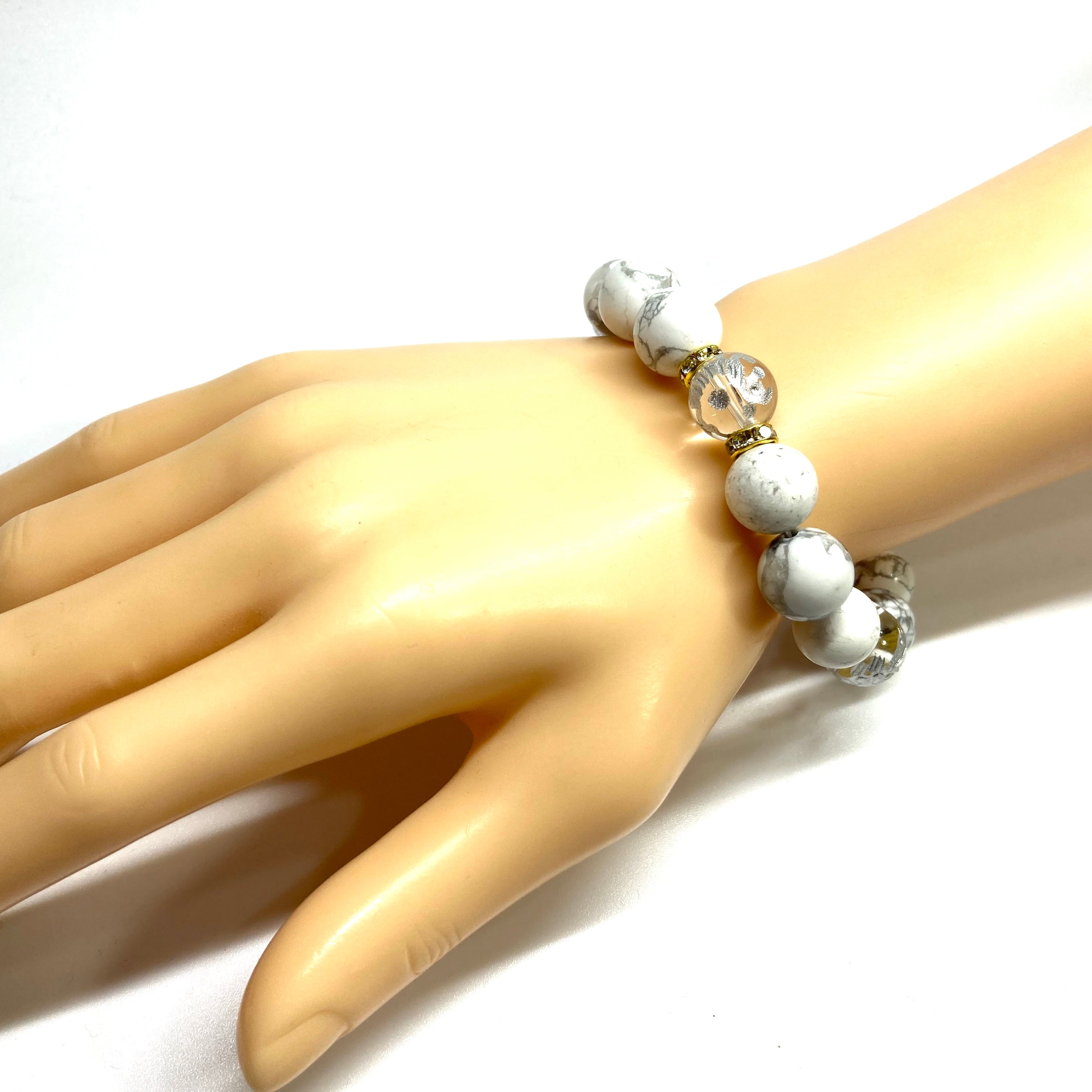 12mm 四神獣銀彫水晶×ハウライト パワーストーン ブレスレット天然石