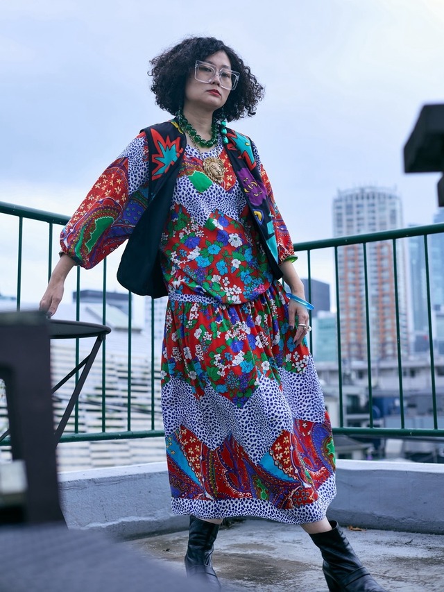 DF red mix print silk dress