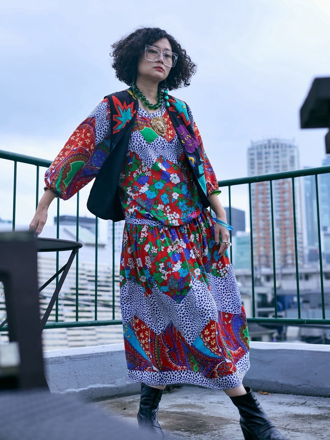 DF red mix print silk dress