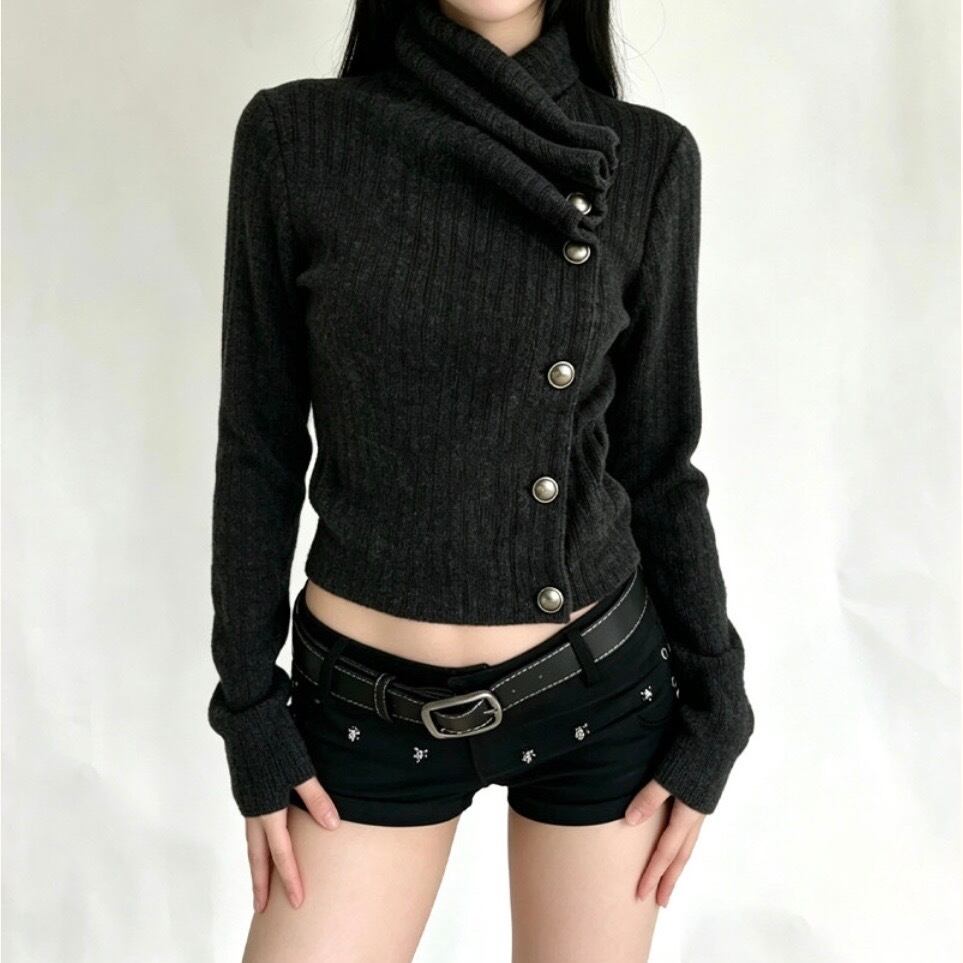 knit button high neck tops / l1014