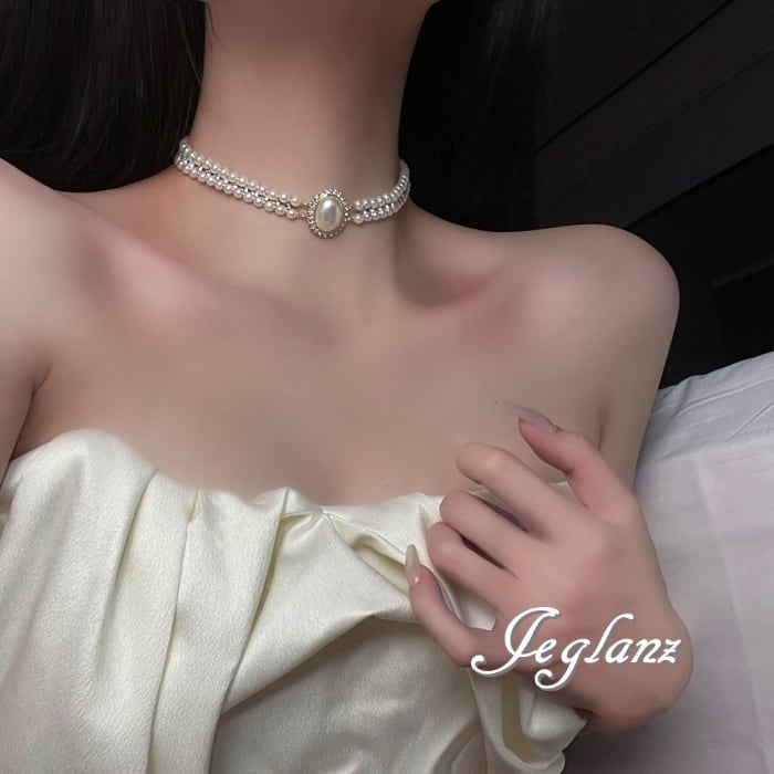 華やか 2連 パールチョーカー オーバル ラインストーン エレ派( M8588)θ