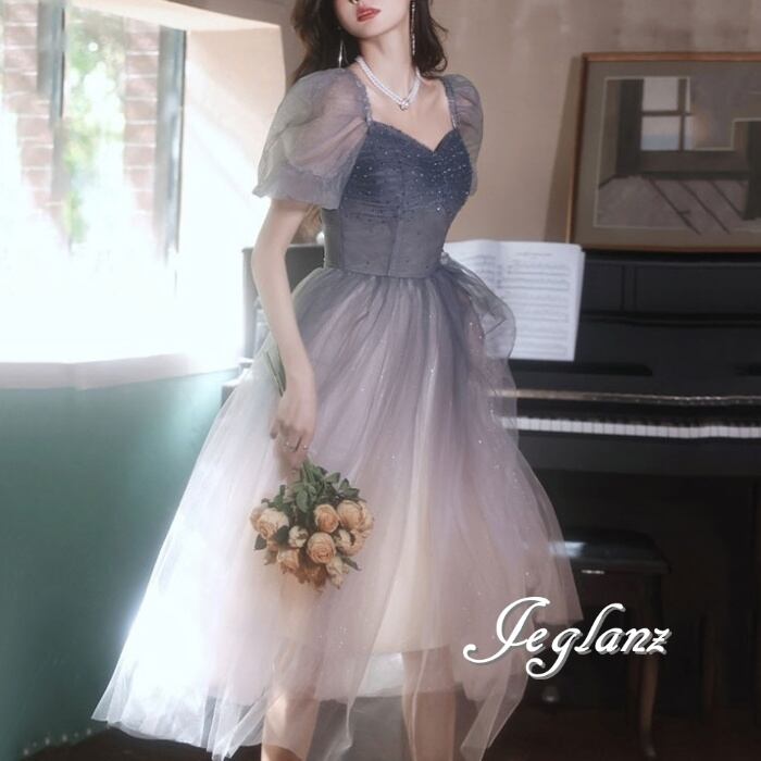 パーティ ドレス ビジュー チュール グラデーション ミドル/ロング (M8832)ζ