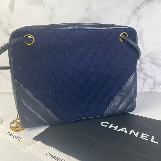 【最終処分SALE】CHANEL シャネル Vステッチ コットン ハンドバッグ ブルー A-7393