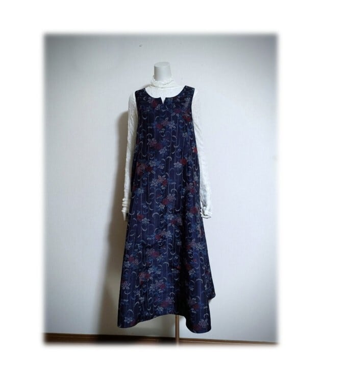484 1点物 ジャンパースカート テントラインワンピース 大島紬 花柄