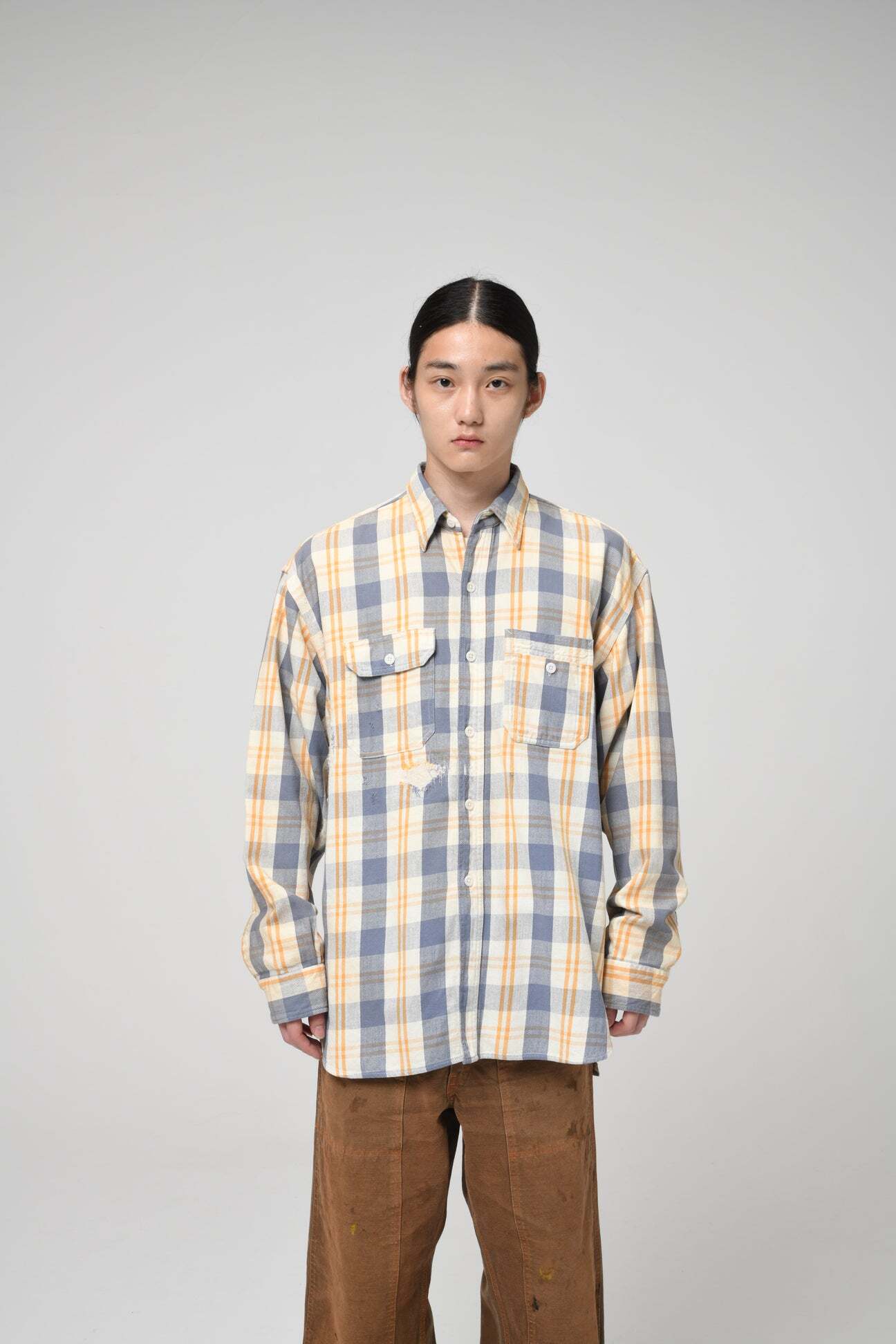 BOW WOW UNIQUE POCKET CHECKED FLANNEL SHIRT AGED YELLOW×BLUE