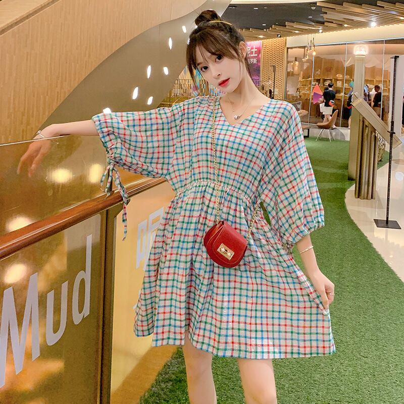 【新作】【送料無料】 新しいファッションチェックVネックコットンとリネンのルーズ半袖プラスサイズのマタニティドレスのマタニティウェア2019夏バージョン-アリババ ショート ハーフスリーブ 大きめサイズ サマー 夏物 expec220323225693