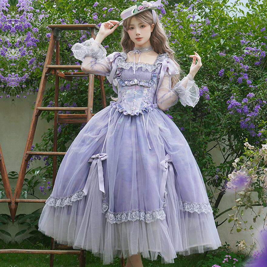 ロリィタ ドレス フルセット クラシカル チョーカー リボン コルセット 帽子 パープル PUJI