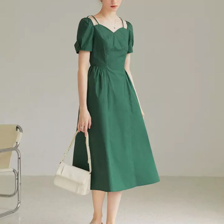 cotton100%Loose Waist A-line Temperament Dress Summer New Style Pleated Slim Green Solid V-Neck Short Slevee Dress251901