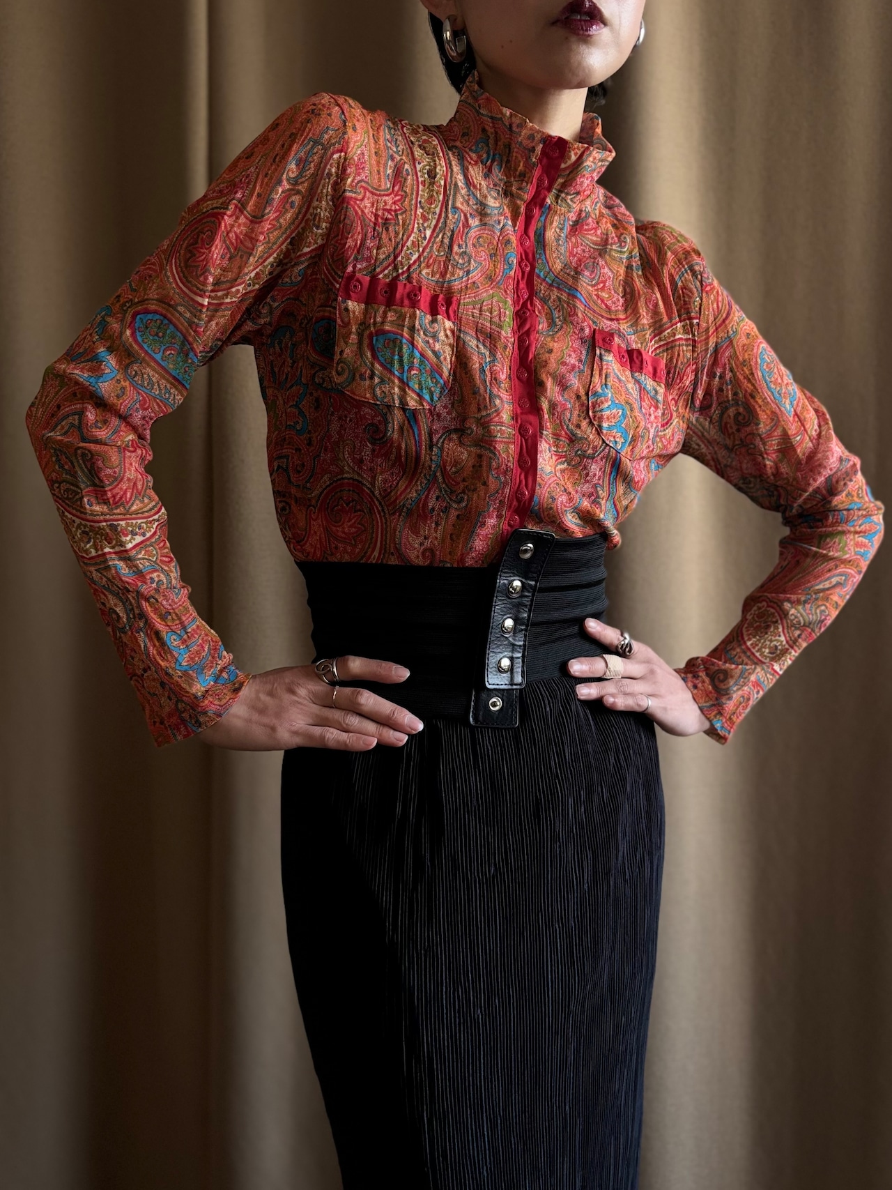 paisley pattern sheer high neck tops-5134-1