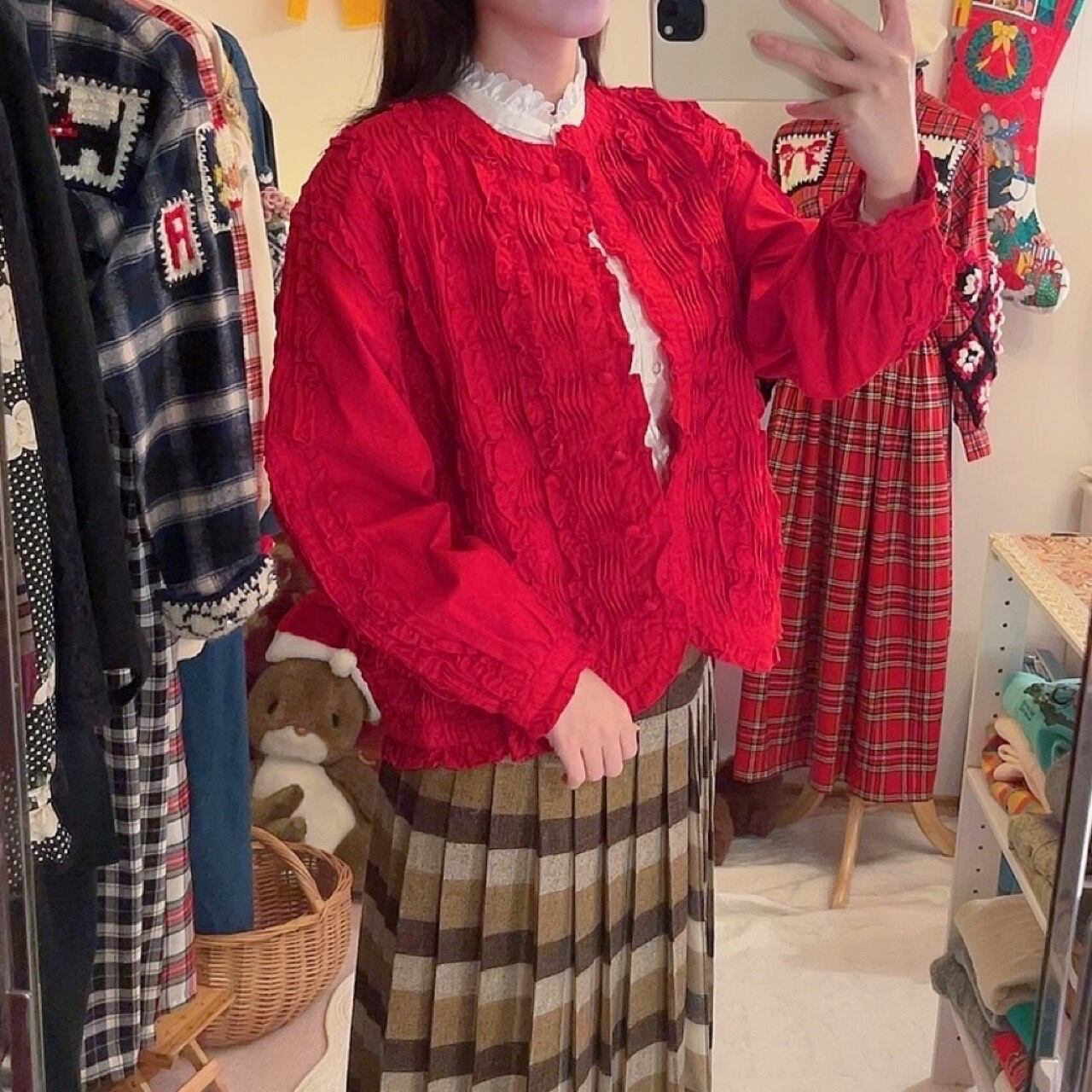 red frill pintuck cotton blouse