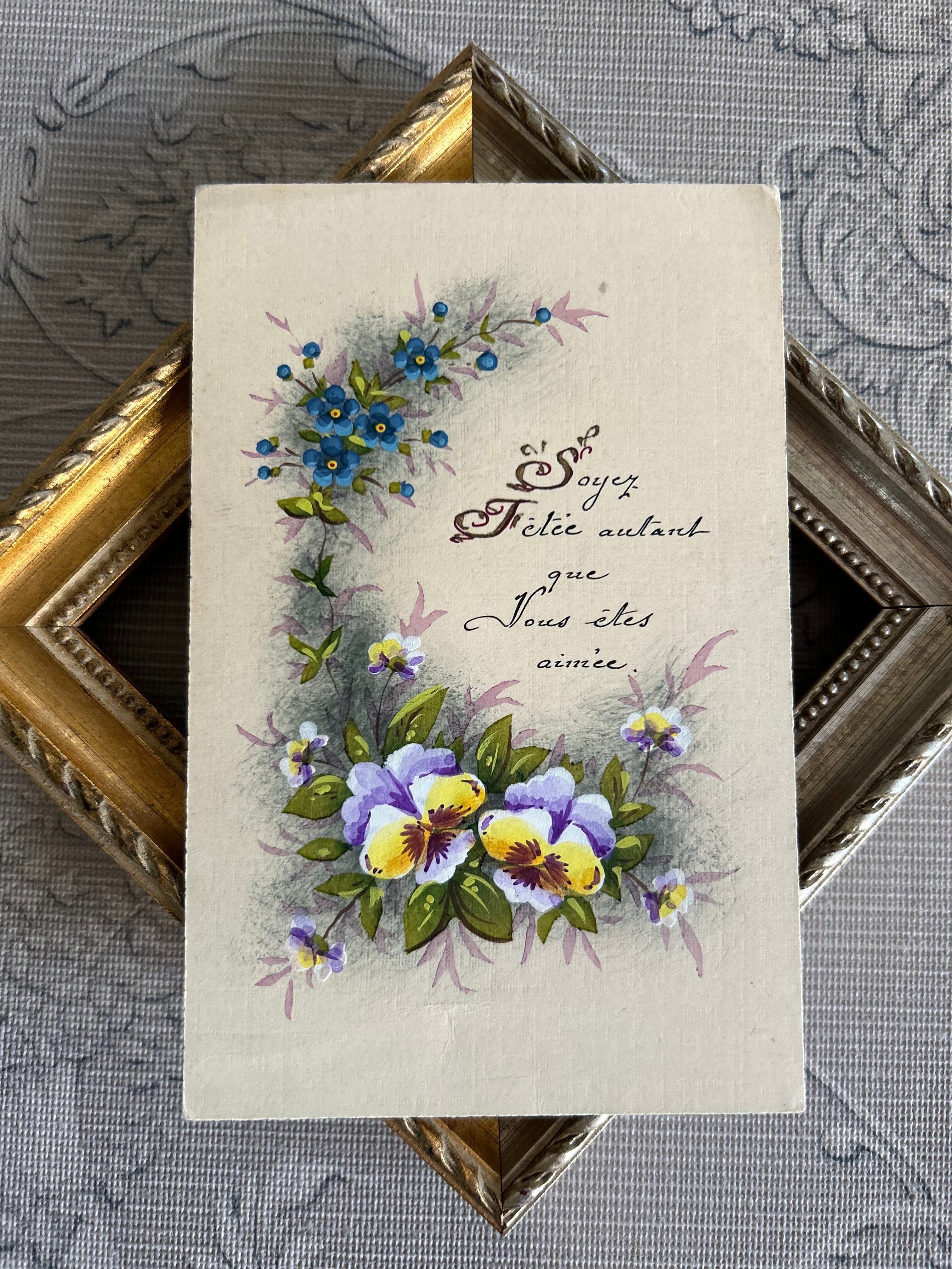 アンティークポストカード パンジー 勿忘草 手書き 額装 インテリア フランス コレクション