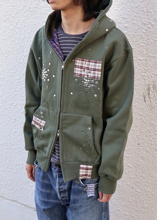 【Hannah Creak/26aw】Studded Hoodie Double Zip khaki