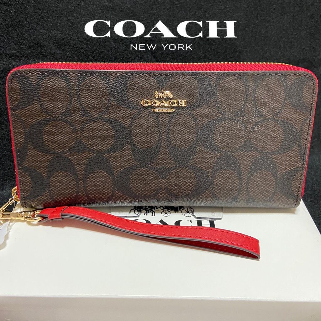 女性が喜ぶ♪ COACH コーチ 長財布 ストラップ付 シグネチャー ダーク