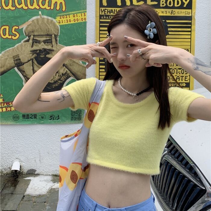 サマースタイルスタンダードレッドシャツ ショートスリムニットセーター ハイウェストウェストレディース レトロ 夏物 ドラファッションホール74126351200