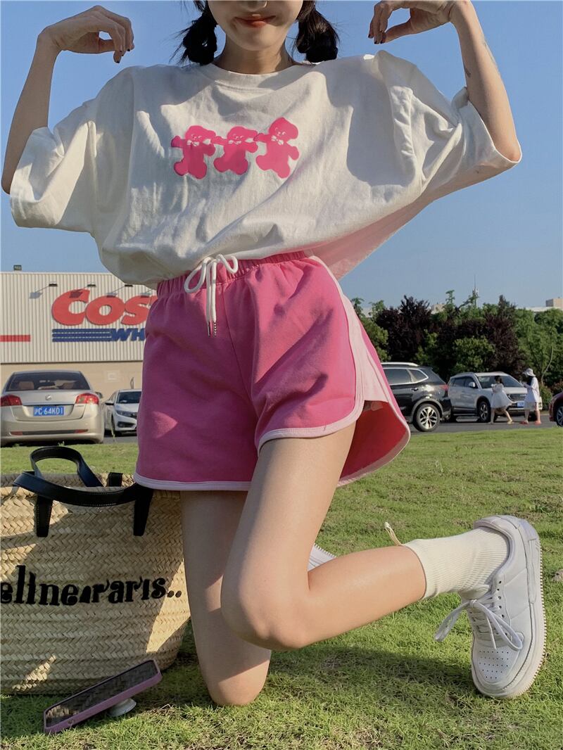 レディースサマーワイドレッグショーツ 大人ガーリー スウィート キュート カジュアル 夏物 ブルマー ワイドパンツ ブラックストロベリース9680516680