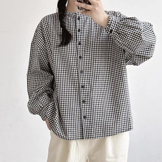 フリルカラーチェックシャツ F3421