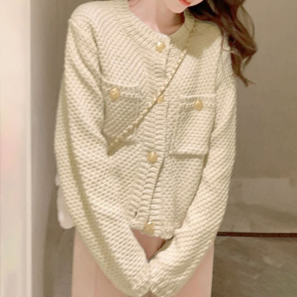 カーディガン ニット 長袖 レディース 秋冬 韓国 きれいめ 大人 カジュアル おしゃれ ゴールドボタン ショート丈 トップス 羽織り 大人可愛い 大人女子