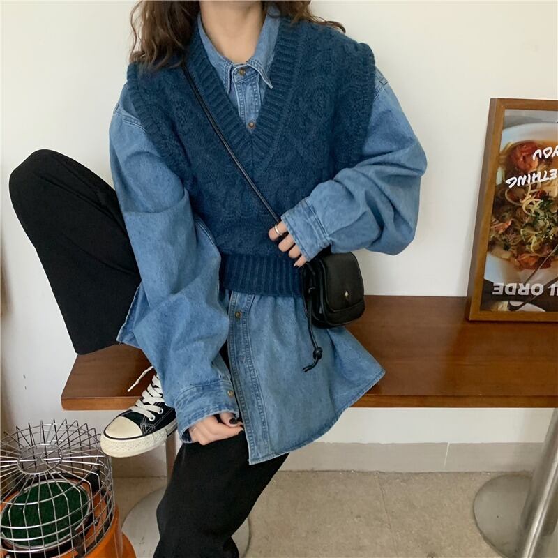 ダンガリーシャツ ニットベスト セットアップ ２点セット ワントーンコーデ こなれ感 Lamitte Deco トレンド 韓国ファッション ショップ Base店
