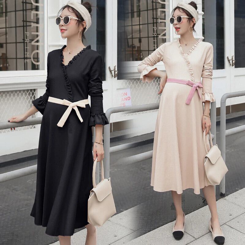 【新作】【送料無料】 8873＃秋のマタニティドレスVネックタイウエストスリムな服妊娠中の女性甘い春の妊娠中のドレス 大人ガーリー スウィート キュート カジュアル スプリング 春物 オータム 秋物 AL expec491059537370