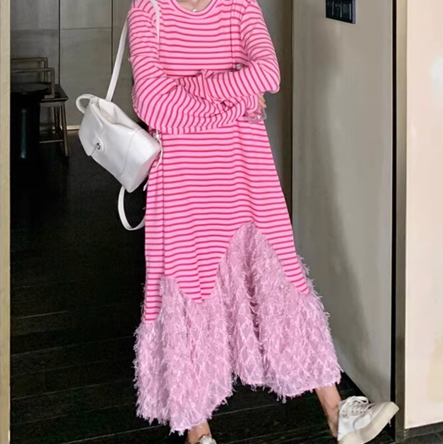 Pink Striped Fringe Patchwork Parka Dress