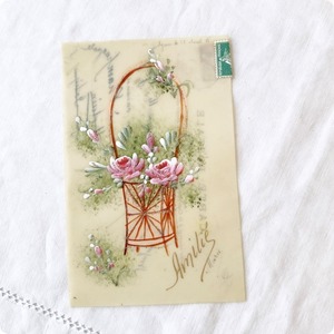 フランスアンティーク セルロイド ポストカード | ピンク色の愛らしい花柄 ハンドペイント ラメ 1900年頃｜（K002）
