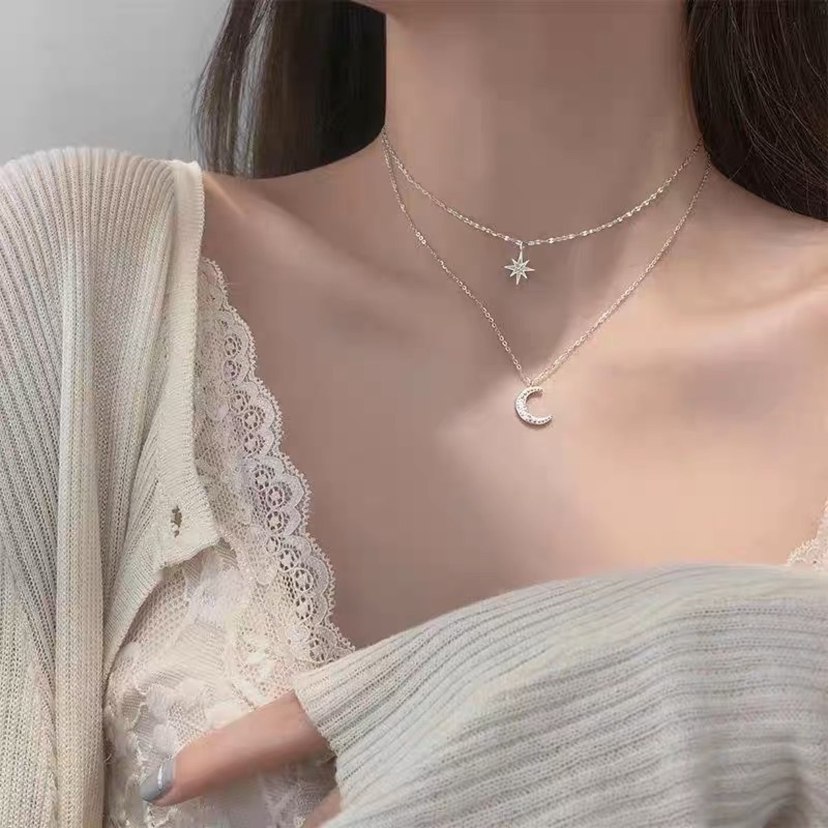 ムーンスター 星 月 2連 ネックレス 韓国 アクセサリー オルチャン 