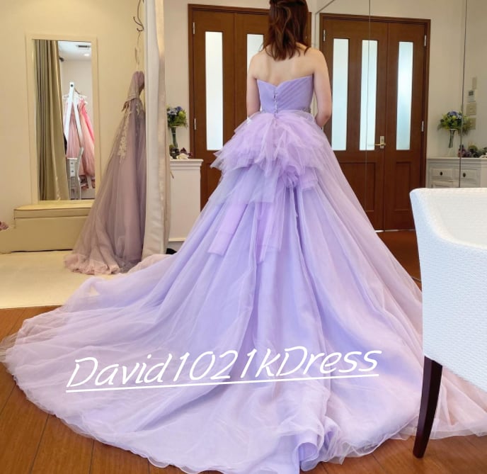 カラードレス パープル/紫 ソフトチュール ベアトップ サッシュベル  