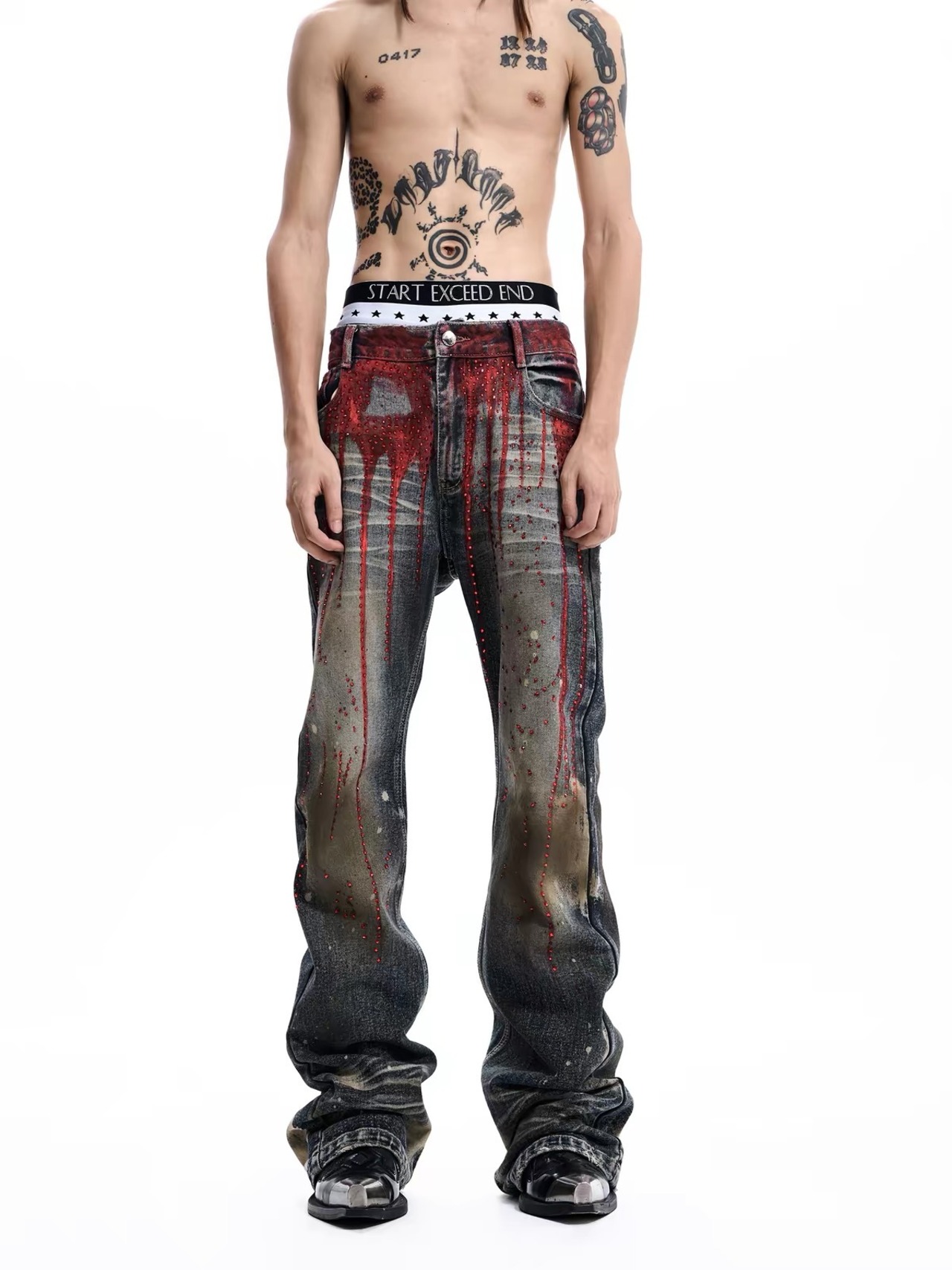 【STARTEXCEEDEND】RHINESTONE BLOOD WASH DISTRESSED DENIM PANTS