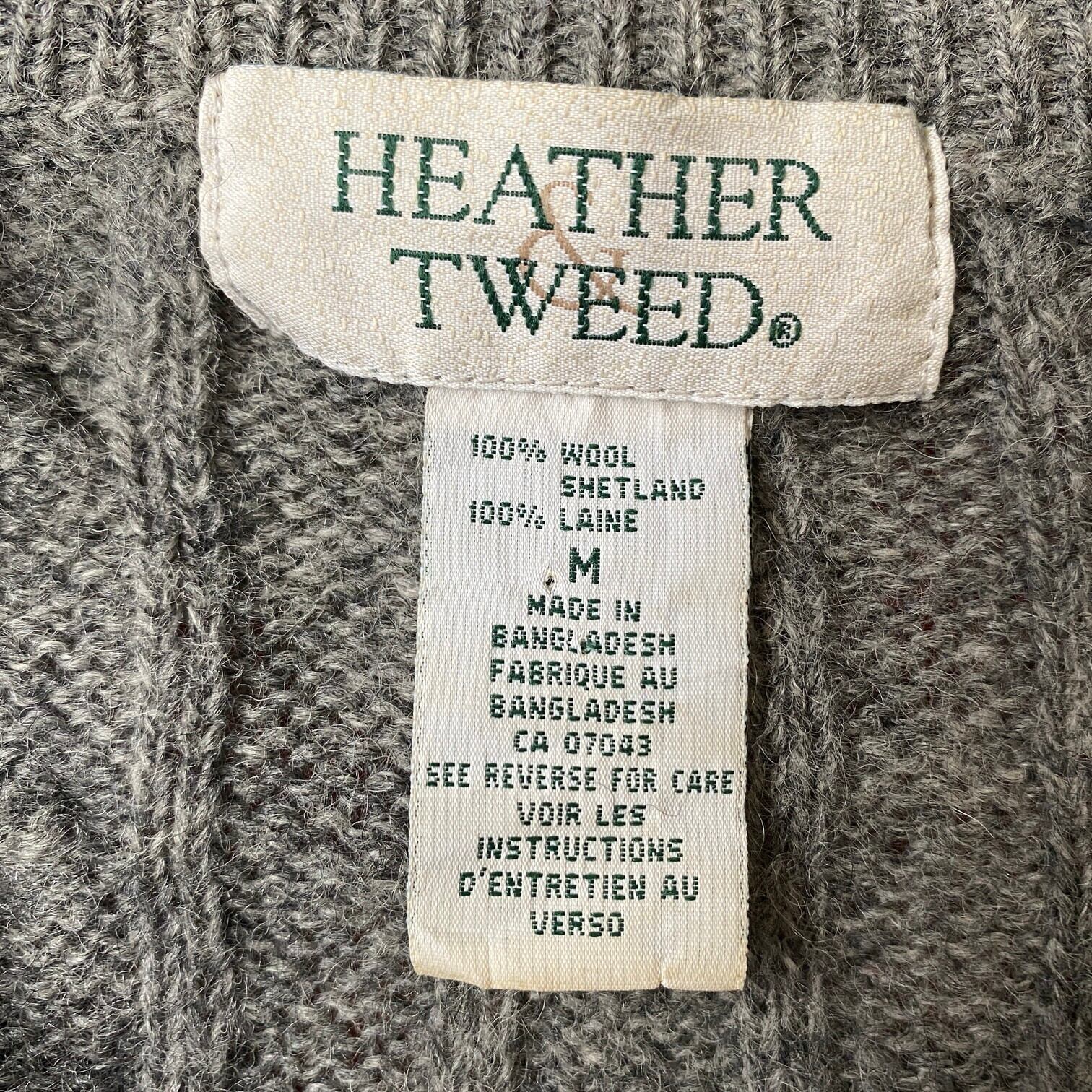 HEATHER TWEED 無地 Vネック ケーブル ウールニットセーター メンズM